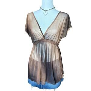 y2k brown sheer babydoll blouse with v-neckline